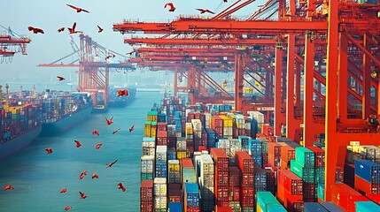 Busy harbor with container ships, cranes, and flying birds.
