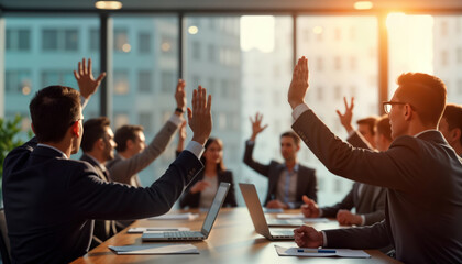 Business people raise hands in vote during executive board meeting in office. Decision-making process in progress. Group participates in voting event. Modern workplace setting with laptops on table.
