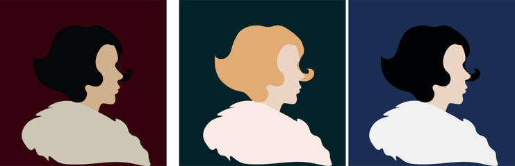 simple silhouette portrait of stylish elegant beautiful woman in three colors, aristocratic elegant and minimalist image for modern designs, art, contrasting elegant colors