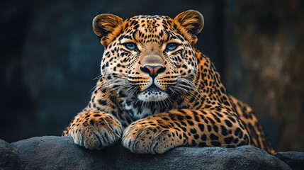 Fototapeta premium Leopard resting on a rock in a dimly lit habitat with a serene expression