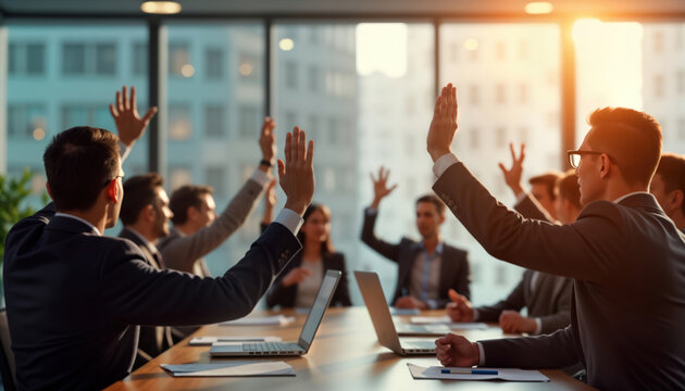 Business people raise hands in vote during executive board meeting in office. Decision-making process in progress. Group participates in voting event. Modern workplace setting with laptops on table.