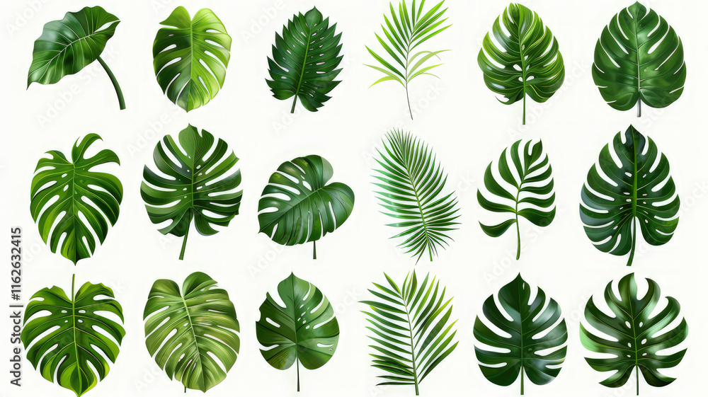 Poster a collection of various green leaves arranged in a grid pattern. isolated on white background
