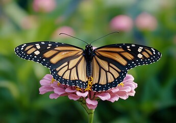 Fototapeta premium Monarch Butterfly on Pink Zinnia Flower: Closeup Macro Photography