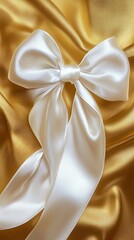 Elegant white satin ribbon bow on gold fabric