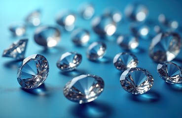 Luxury diamonds scattered on vibrant blue background. Closeup view of precious gems. Shiny, brilliant stones. High-quality polished diamonds. Ideal for jewelry industry. Beautiful, valuable
