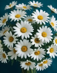 Fototapeta premium Un ramo de flores de margaritas blancas sobre un fondo azul verdoso