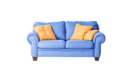 Fototapeta premium Cozy blue sofa with yellow pillows minimalist design interior