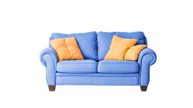 Cozy blue sofa with yellow pillows minimalist design interior