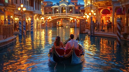 A romantic evening gondola ride through a beautifully lit canal, surrounded by charming architecture and reflections in the water.