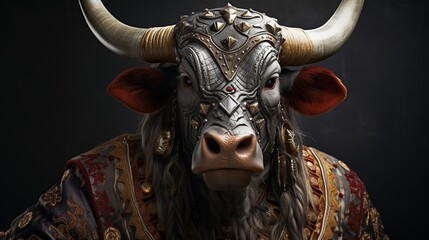 front view of a anteloppe full portrait from top and bottom, with long horns on the head, bullfighter costume, gray background