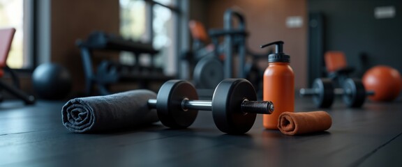 Fitness gym equipment like dumbbells, water bottle displayed on dark wooden floor. Workout clothes, fitness accessories, training gear also present in background. Sports, exercise concept for gym