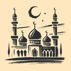 Minimalistic hand drawn brush mosque in primitive artistic style