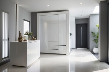 Modern High Gloss Frosty White Foyer Design with Stepped Storage Unit