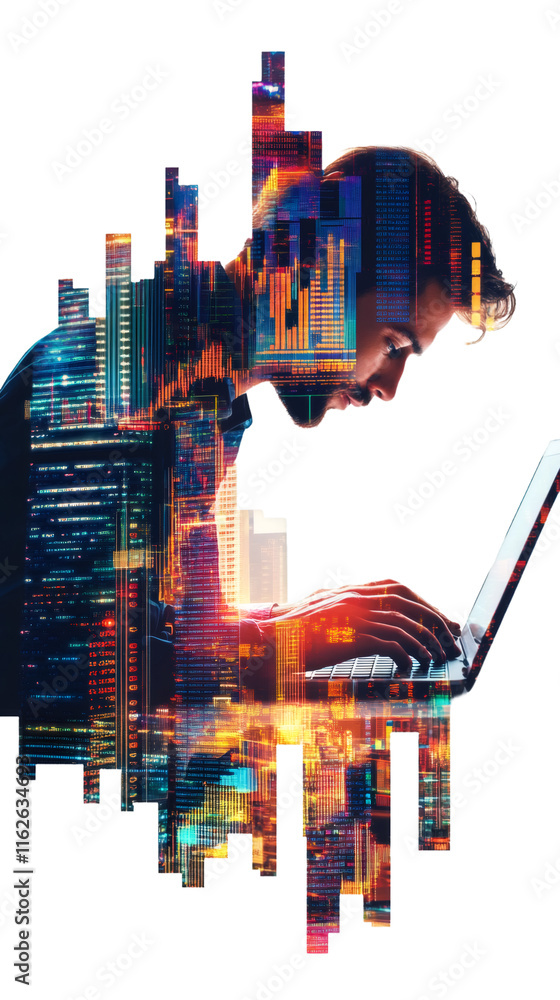 Aufkleber Professional working on laptop, digital cityscape reflection showing tech-driven urban connectivity and modern workspace interaction