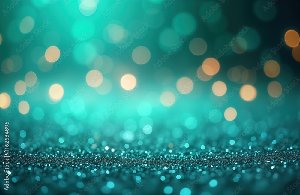 Poster teal bokeh background with shimmering glitter. blurred lights create festive holiday atmosphere. ide
