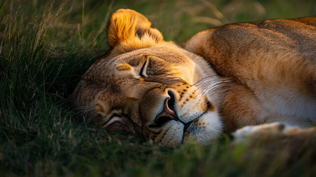 Lioness resting peacefully on grassy terrain during sunset in the wild