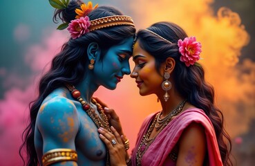 Krishna, Radha Hindu deities love symbols. Couple in traditional colorful costumes. Artistic photo with flowers, decorations. Indian religious art. Cultural tradition. Celebration. Beautiful couple © miss irine