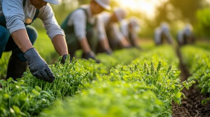 Farmers Harvesting Fresh Vegetables in a Sunlit Field During Late Afternoon