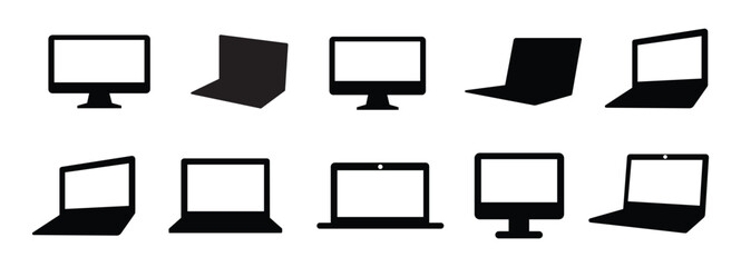 Laptop icon set. Laptop and desktop computer symbol. Monitor icon. Computer, desktop pc. Vector illustration.