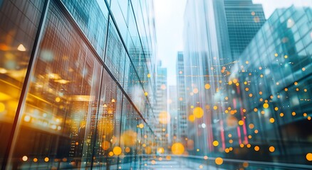 Fototapeta premium Modern cityscape with blurred lights and glass buildings.