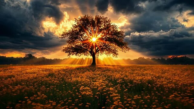 Breathtaking sunset over field highlighting majestic lone tree