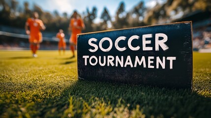 Sign that reads “SOCCER TOURNAMENT”. - football - contest - match - little league - juniors - ymca - kick - promotion - advertisement - social media