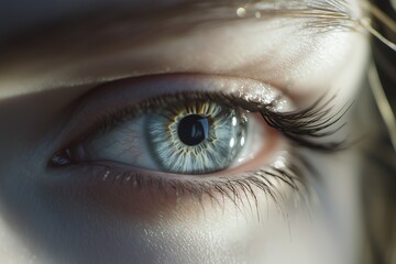 Macro shot of a womana??s pale blue-gray eye, with delicate iris textures and subtle reflections, captured in