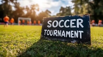 Sign that reads “SOCCER TOURNAMENT”. - football - contest - match - little league - juniors - ymca - kick - promotion - advertisement - social media