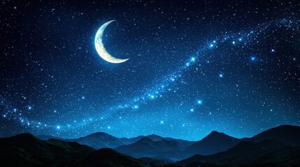 Fototapeta premium Serene Night Sky with Moon and Stars Over Majestic Mountains
