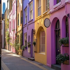 Fototapeta premium A vibrant alleyway featuring buildings painted in shades of pink and purple, adorned with greenery, creating a charming, colorful atmosphere.