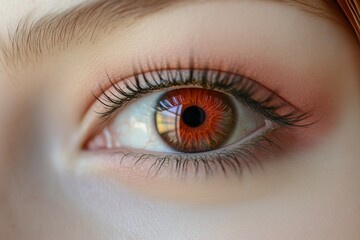 Fototapeta premium Macro shot of a womana??s vibrant coral-red eye, showcasing rich colors and fine gradients in the iris, captured in