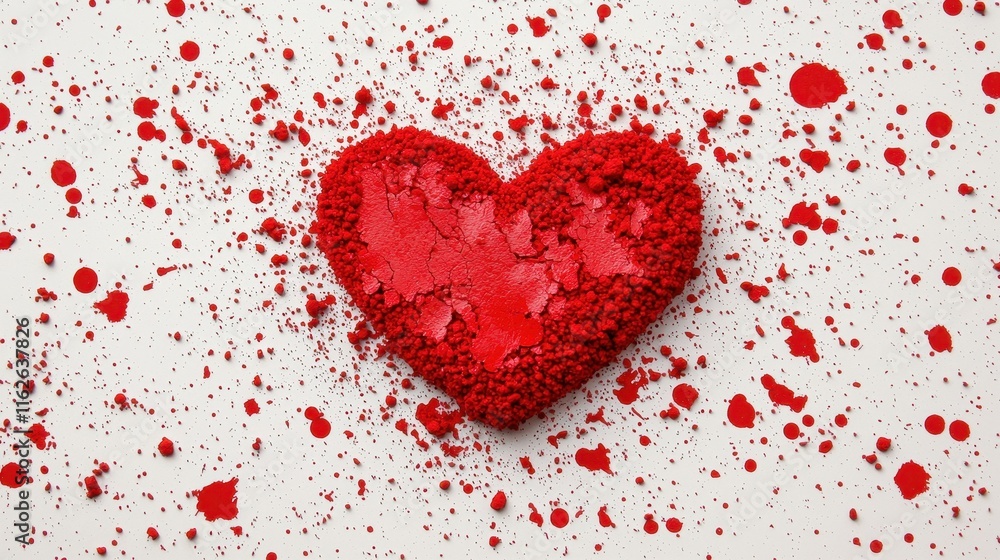 Poster red heart shape made of crushed material with paint splatter