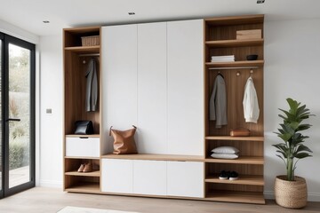 Modern White And Wood Foyer Design With Wall Mounted Storage Unit