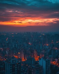 Fototapeta premium A stunning city skyline at sunset, featuring skyscrapers illuminated by warm lights against a vibrant, colorful sky.