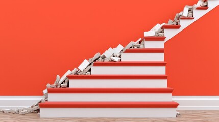 Broken Staircase with Debris on Bright Orange Wall Background