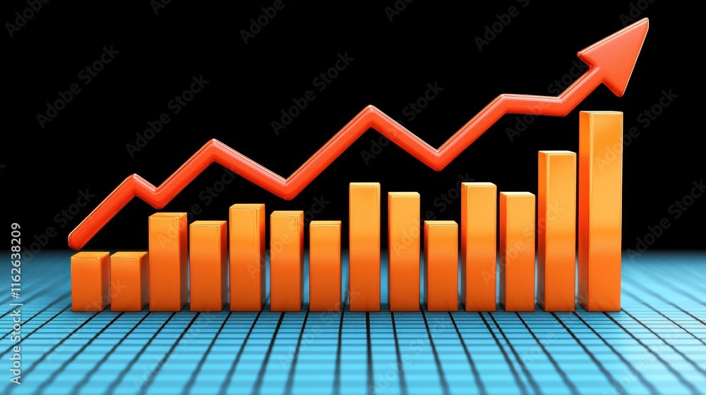 Poster rising orange graph on black background with 3d effect for business