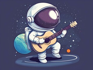 Cartoon astronaut playing acoustic guitar in space with planets