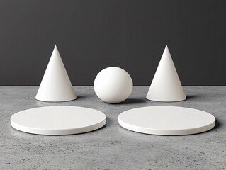 Fototapeta premium Abstract Geometric Shapes: Minimalist White Cones, Sphere, and Platforms on Gray Background