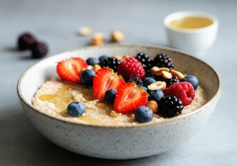 Bowl of healthy oatmeal porridge topped with fresh berries, almonds, hazelnuts and honey, creating a nutritious and delicious breakfast option
