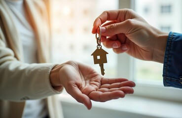 Real estate agent hands over house key to new owner. Successful property purchase agreement. Happy client receives keys indoors. New home, apartment deal. Happy expressions implied. New landlord