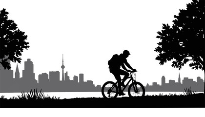Fototapeta premium Silhouette of cyclist riding against city skyline