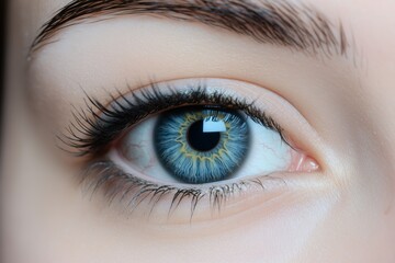 Obraz premium Macro shot of a womana??s deep ocean blue eye, highlighting the sharp details in the iris and soft sclera, captured in