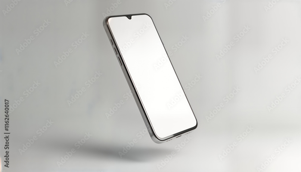 Leinwandbilder Modern smartphone mockup floats against plain white background. Blank white screen design possibilities. Tech device modern communication, presentation tools. Versatile mockup suitable for app