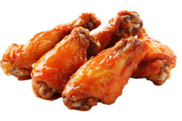 Spicy buffalo sauce coated chicken wings on transparent background png image for culinary creativity