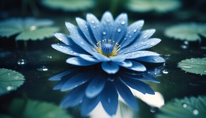 Un primer plano de una hermosa flor azul con gotas de agua en sus pétalos, reflejada en un charco de agua. El fondo está borroso, creando una atmósfera serena y relajante.
