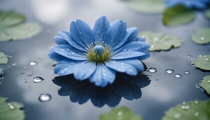 Un primer plano de una hermosa flor azul con gotas de agua en sus pétalos, reflejada en un charco de agua. El fondo está borroso, creando una atmósfera serena y relajante.