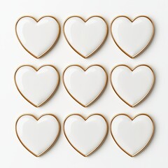 Obraz premium A minimalist arrangement of white ceramic hearts with golden edges, perfect for decorations or romantic themes in photography.
