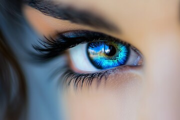 Obraz premium Macro shot of a womana??s electric blue eye, highlighting the contrast between the dark pupil and vibrant iris details, captured in