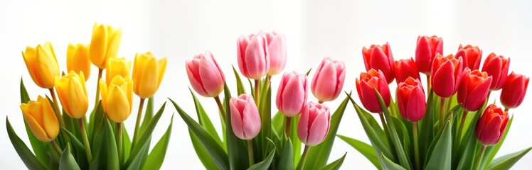 Fresh tulips in pink yellow, red colors. Beautiful spring flowers bouquet. Vibrant colors. Natural arrangement. Perfect for gifts, decorations. Natural beauty. Spring season flowers. Perfect spring