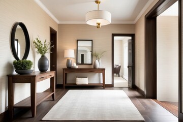 Modern Wood And White Foyer Design With Beige Textured Wallpaper